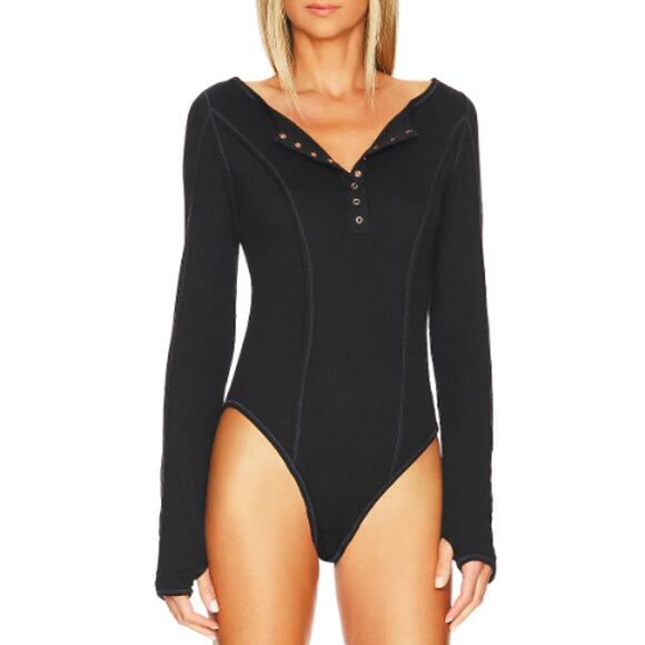 NEW FREE PEOPLE Women's Black Sloane Henley Bodysuit Size S - Picture 1 of 9